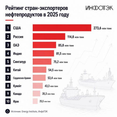 Россия стала вторым крупнейшим экспортёром нефтепродуктов в 2025 году: какие страны вошли в топ-10